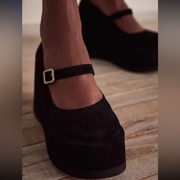 NEW FREE PEOPLE PLATFORM WEDGE SABRINA MARY JANE BLACK SUEDE - Picture 3 of 4